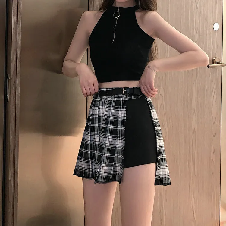 Summer Pleated Skirt Women High Waist A-Line Slim Look Hip Flattering All-Matching Chequered Niche ins Skirt