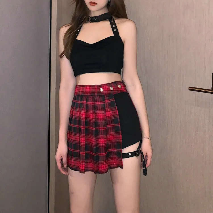 Summer Pleated Skirt Women High Waist A-Line Slim Look Hip Flattering All-Matching Chequered Niche ins Skirt