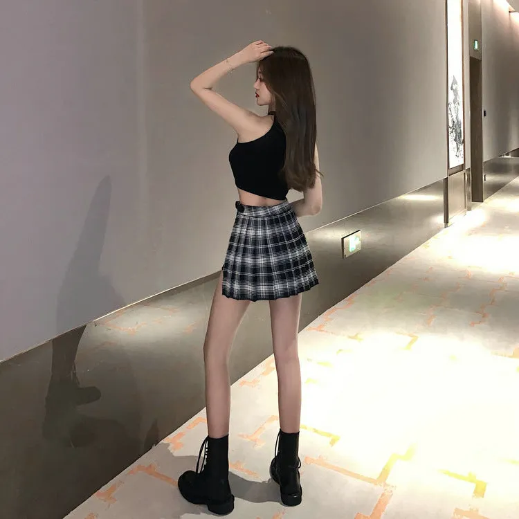 Summer Pleated Skirt Women High Waist A-Line Slim Look Hip Flattering All-Matching Chequered Niche ins Skirt