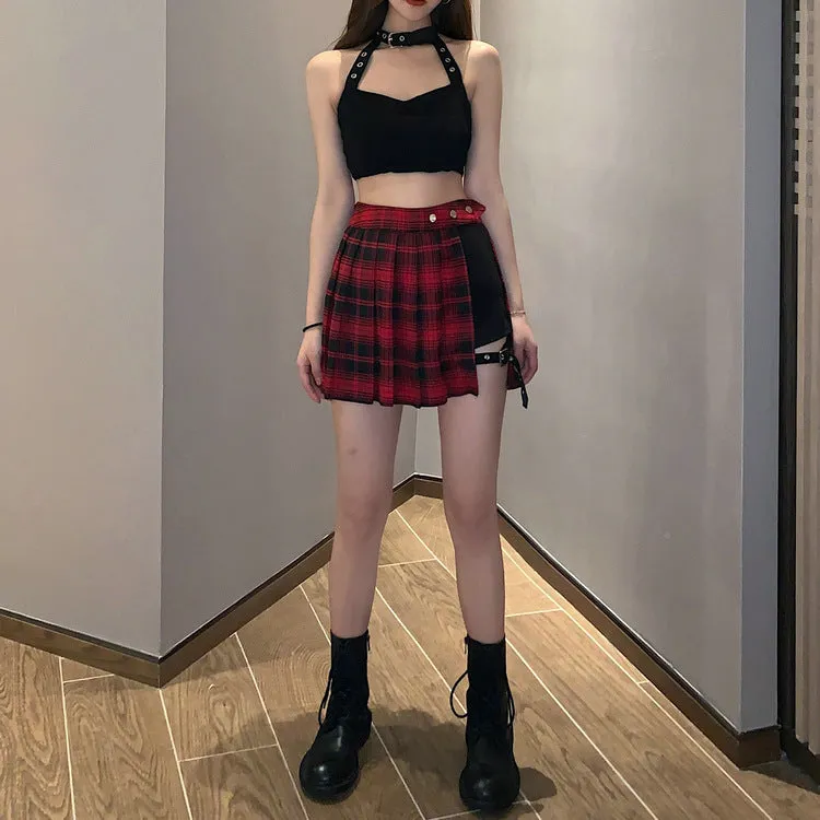 Summer Pleated Skirt Women High Waist A-Line Slim Look Hip Flattering All-Matching Chequered Niche ins Skirt