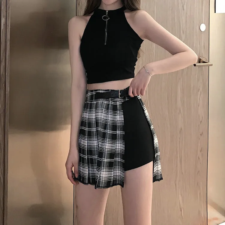 Summer Pleated Skirt Women High Waist A-Line Slim Look Hip Flattering All-Matching Chequered Niche ins Skirt