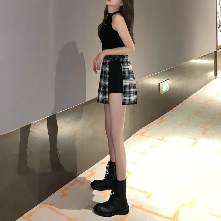 Summer Pleated Skirt Women High Waist A-Line Slim Look Hip Flattering All-Matching Chequered Niche ins Skirt