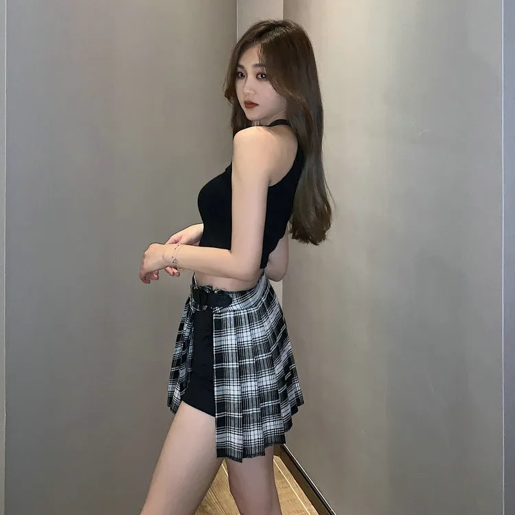 Summer Pleated Skirt Women High Waist A-Line Slim Look Hip Flattering All-Matching Chequered Niche ins Skirt