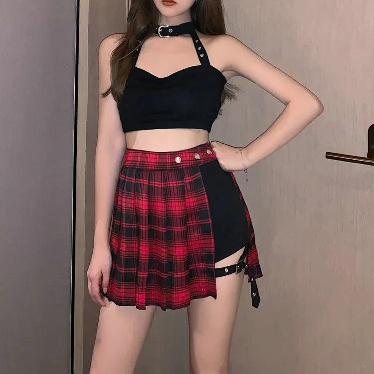 Summer Pleated Skirt Women High Waist A-Line Slim Look Hip Flattering All-Matching Chequered Niche ins Skirt