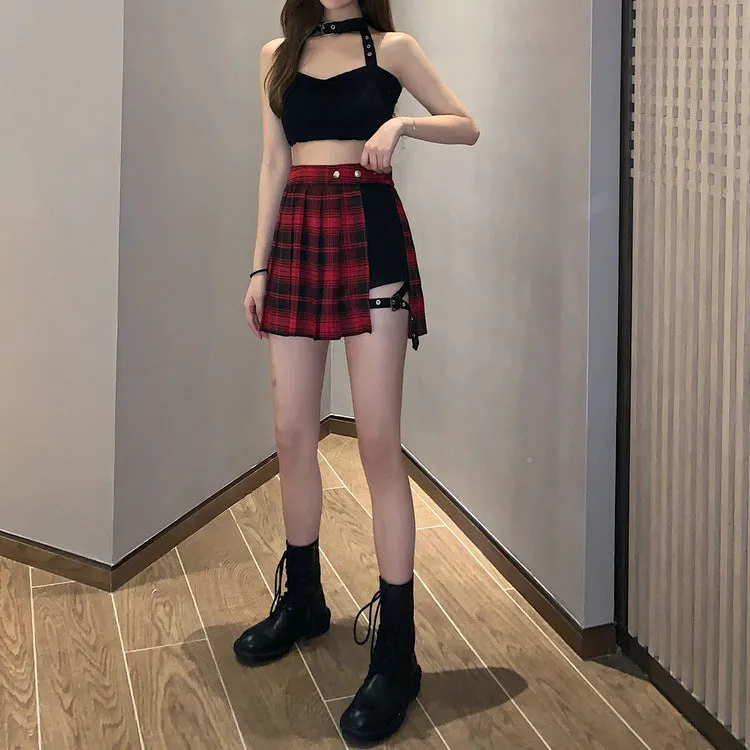 Summer Pleated Skirt Women High Waist A-Line Slim Look Hip Flattering All-Matching Chequered Niche ins Skirt