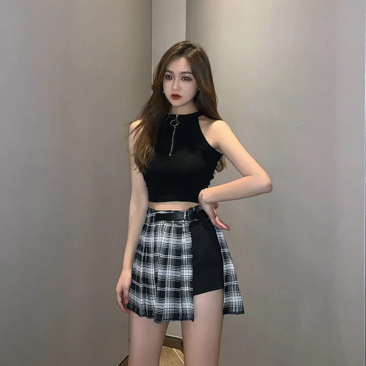 Summer Pleated Skirt Women High Waist A-Line Slim Look Hip Flattering All-Matching Chequered Niche ins Skirt