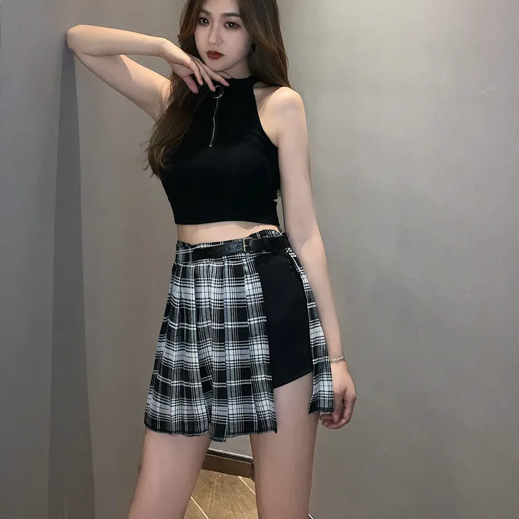 Summer Pleated Skirt Women High Waist A-Line Slim Look Hip Flattering All-Matching Chequered Niche ins Skirt