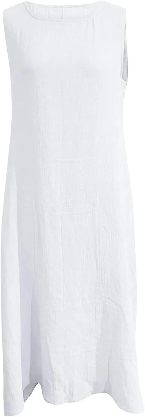 Summer Plus Size Cotton Linen Tank Dress 2025 Women Boho Casual Beach Dresses Crew Neck Sleeveless Midi Sundress