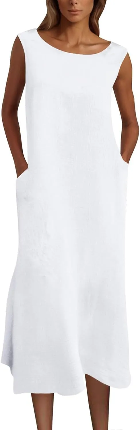 Summer Plus Size Cotton Linen Tank Dress 2025 Women Boho Casual Beach Dresses Crew Neck Sleeveless Midi Sundress