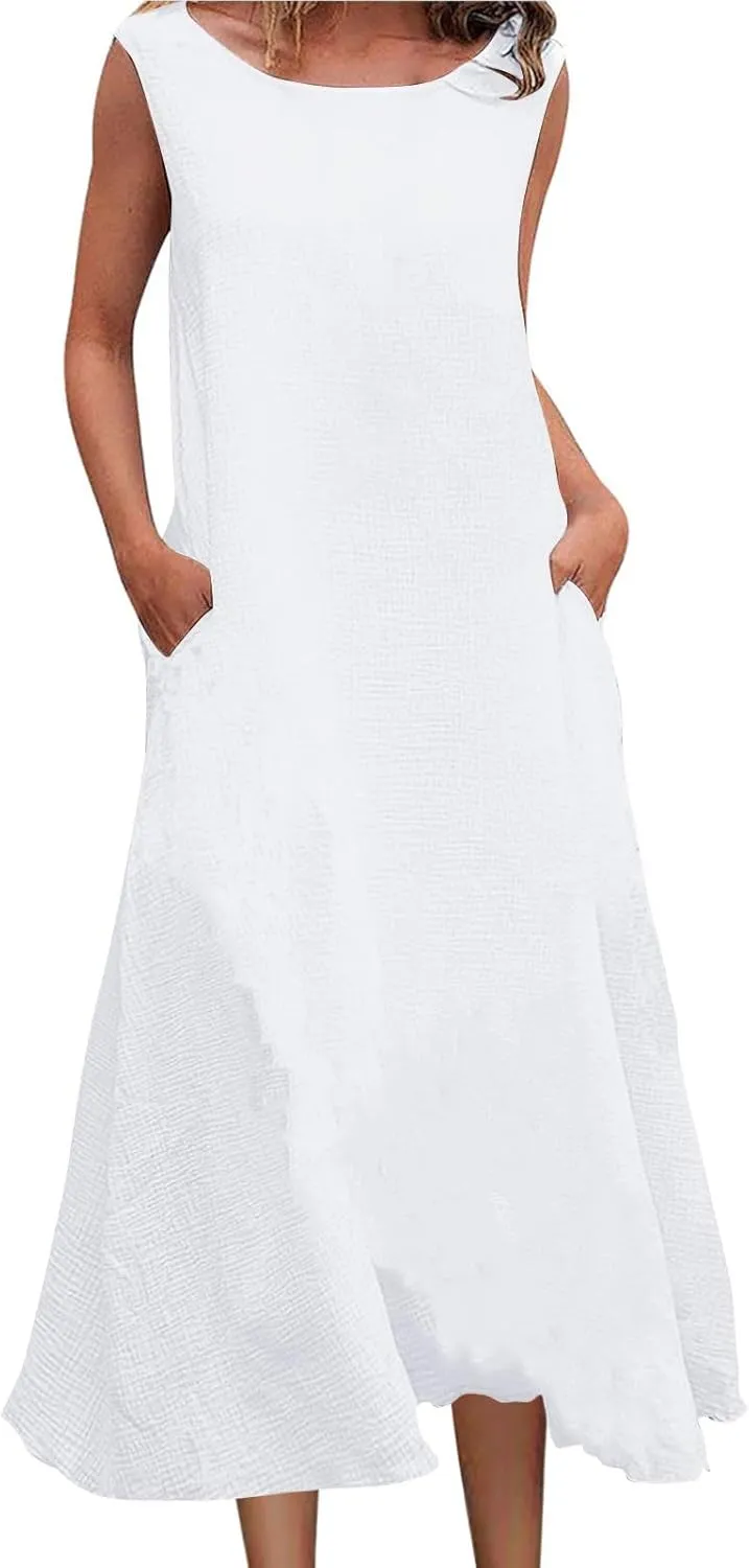 Summer Plus Size Cotton Linen Tank Dress 2025 Women Boho Casual Beach Dresses Crew Neck Sleeveless Midi Sundress