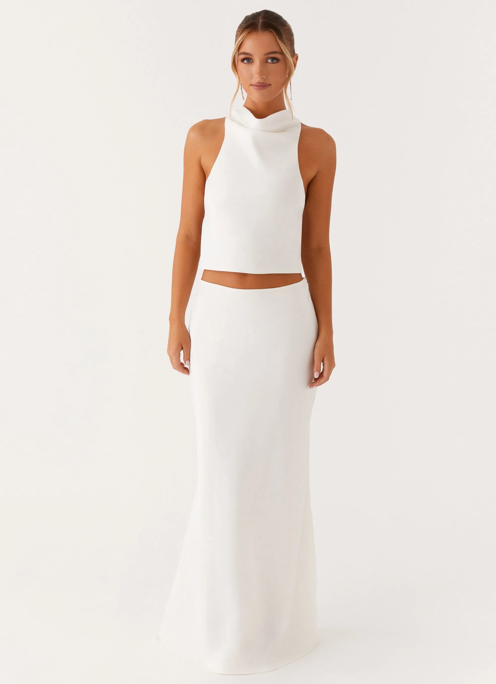 Back Slit Easy Fit Mina Satin Maxi Skirt - White