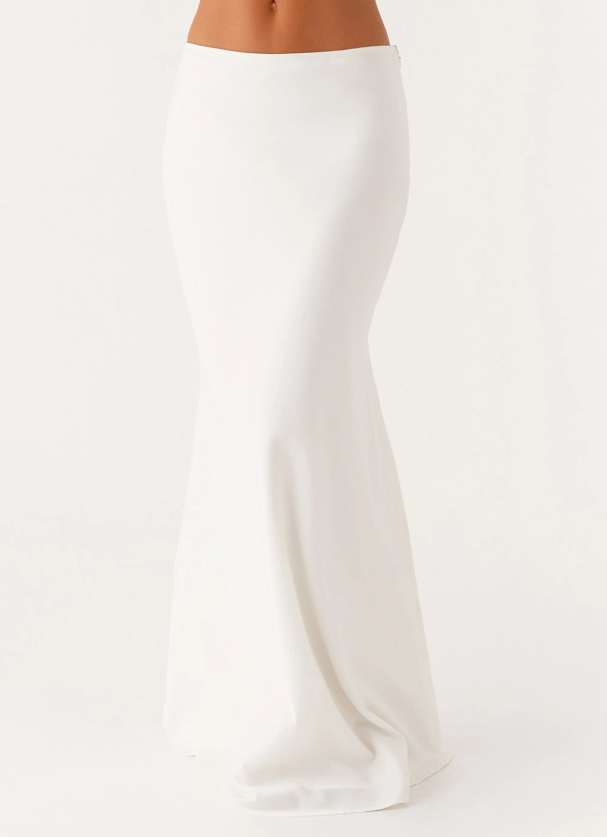 Mina Satin Maxi Skirt - White Gathered waist