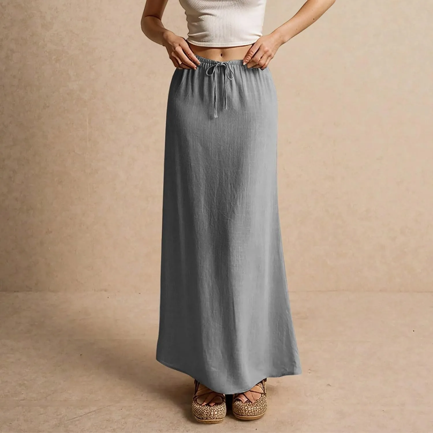 Summer Skirts Beach Long Flowy Skirts Comfy Drawstring Low Rise Womens Linen Maxi Skirt with Slit Plus Size