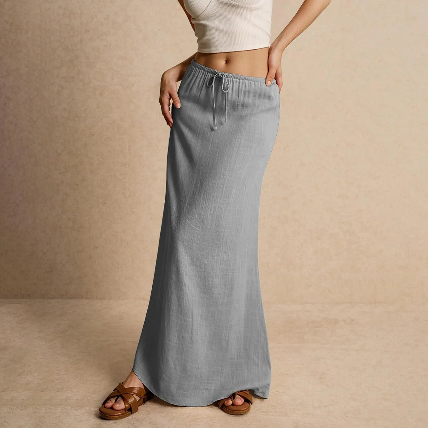 Summer Skirts Beach Long Flowy Skirts Comfy Drawstring Low Rise Womens Linen Maxi Skirt with Slit Plus Size