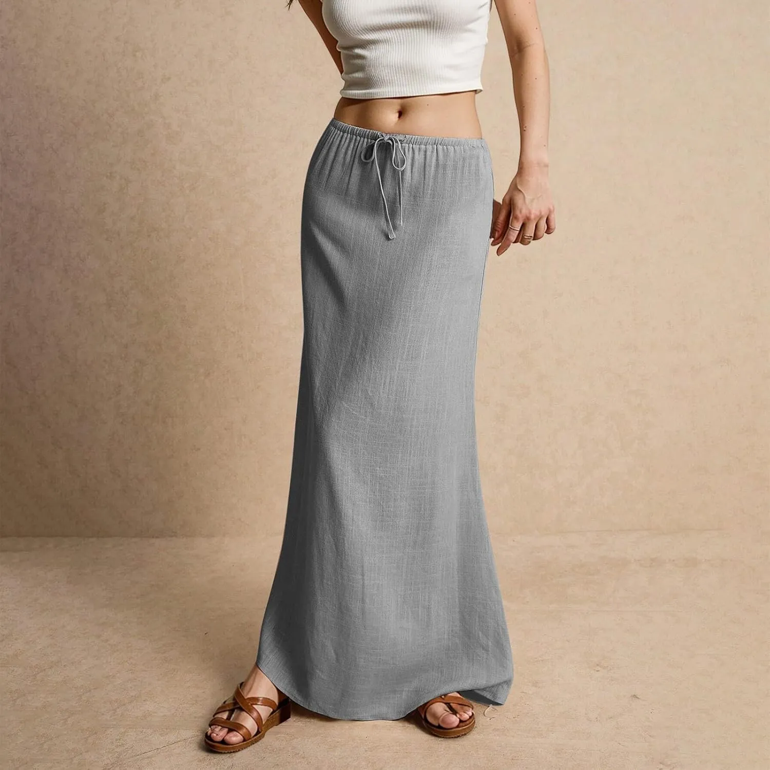Summer Skirts Beach Long Flowy Skirts Comfy Drawstring Low Rise Womens Linen Maxi Skirt with Slit Plus Size