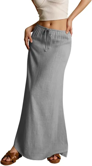 Summer Skirts Beach Long Flowy Skirts Comfy Drawstring Low Rise Womens Linen Maxi Skirt with Slit Plus Size