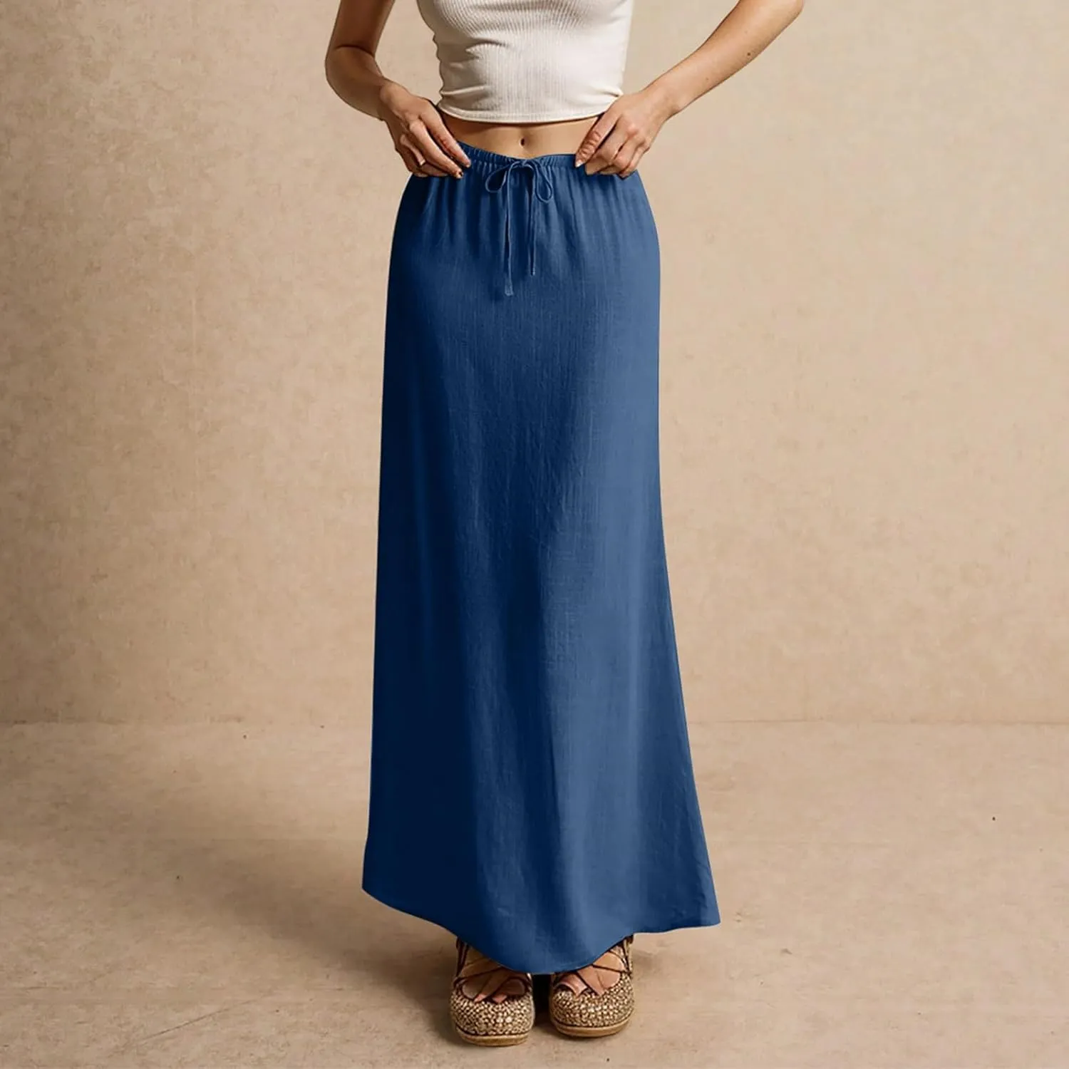 Summer Skirts for Women Comfy Drawstring Low Rise Womens Linen Maxi Skirt with Slit Plus Size Long Flowy Skirts