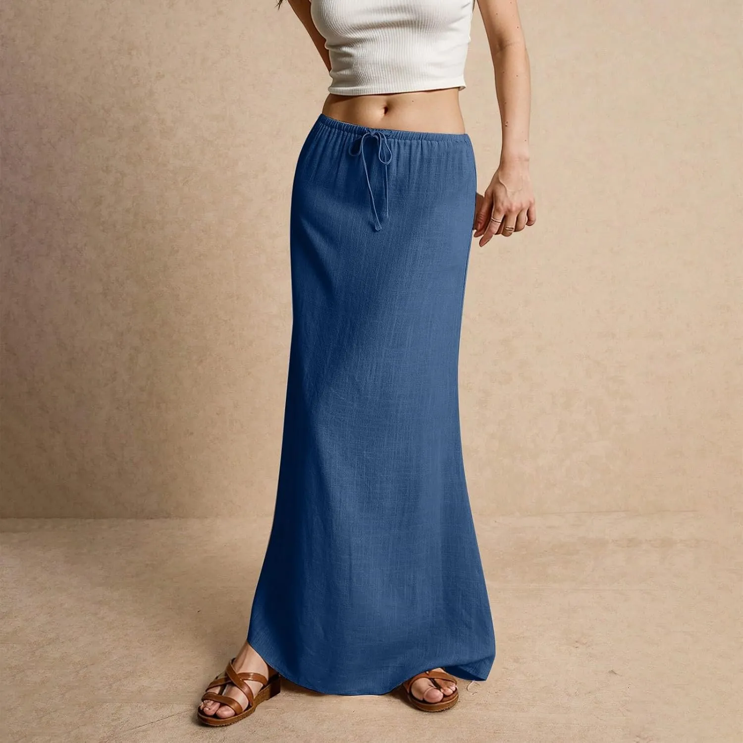 Summer Skirts for Women Comfy Drawstring Low Rise Womens Linen Maxi Skirt with Slit Plus Size Long Flowy Skirts