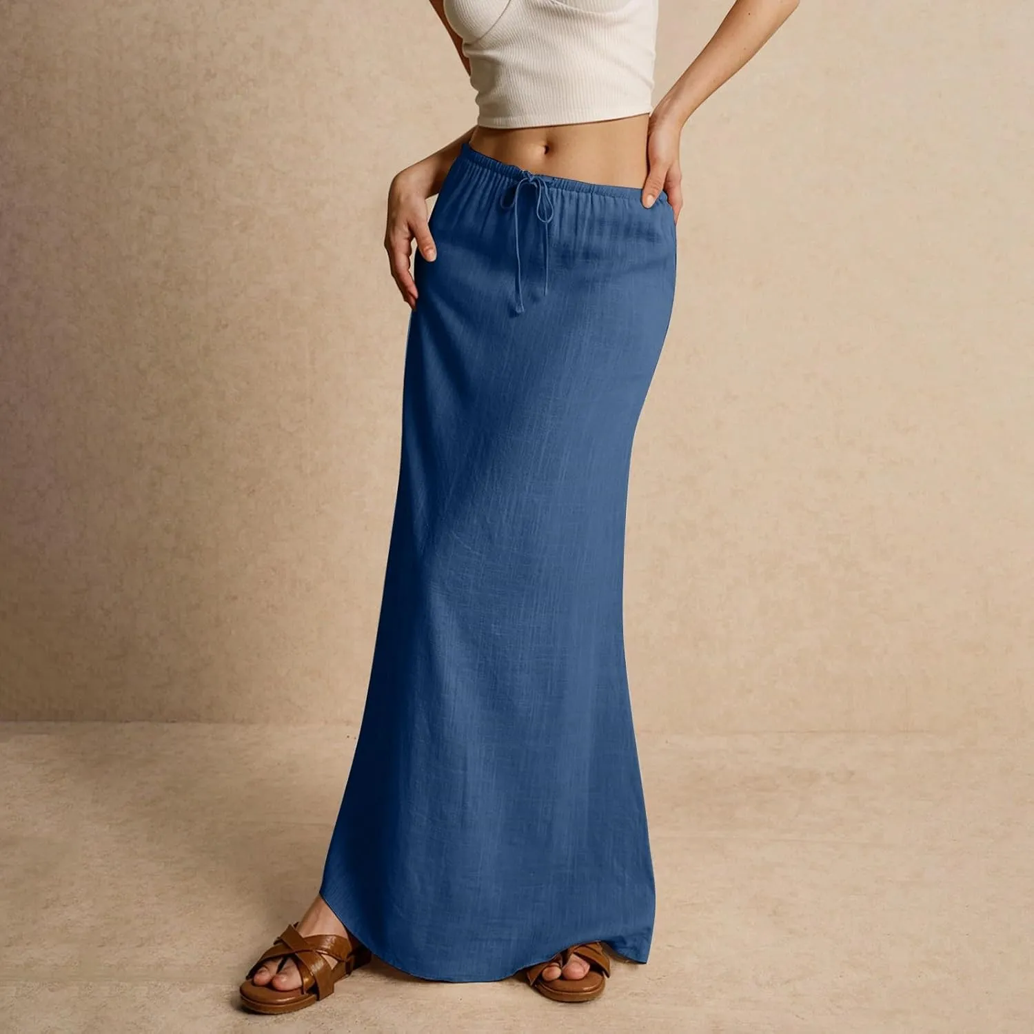 Summer Skirts for Women Comfy Drawstring Low Rise Womens Linen Maxi Skirt with Slit Plus Size Long Flowy Skirts