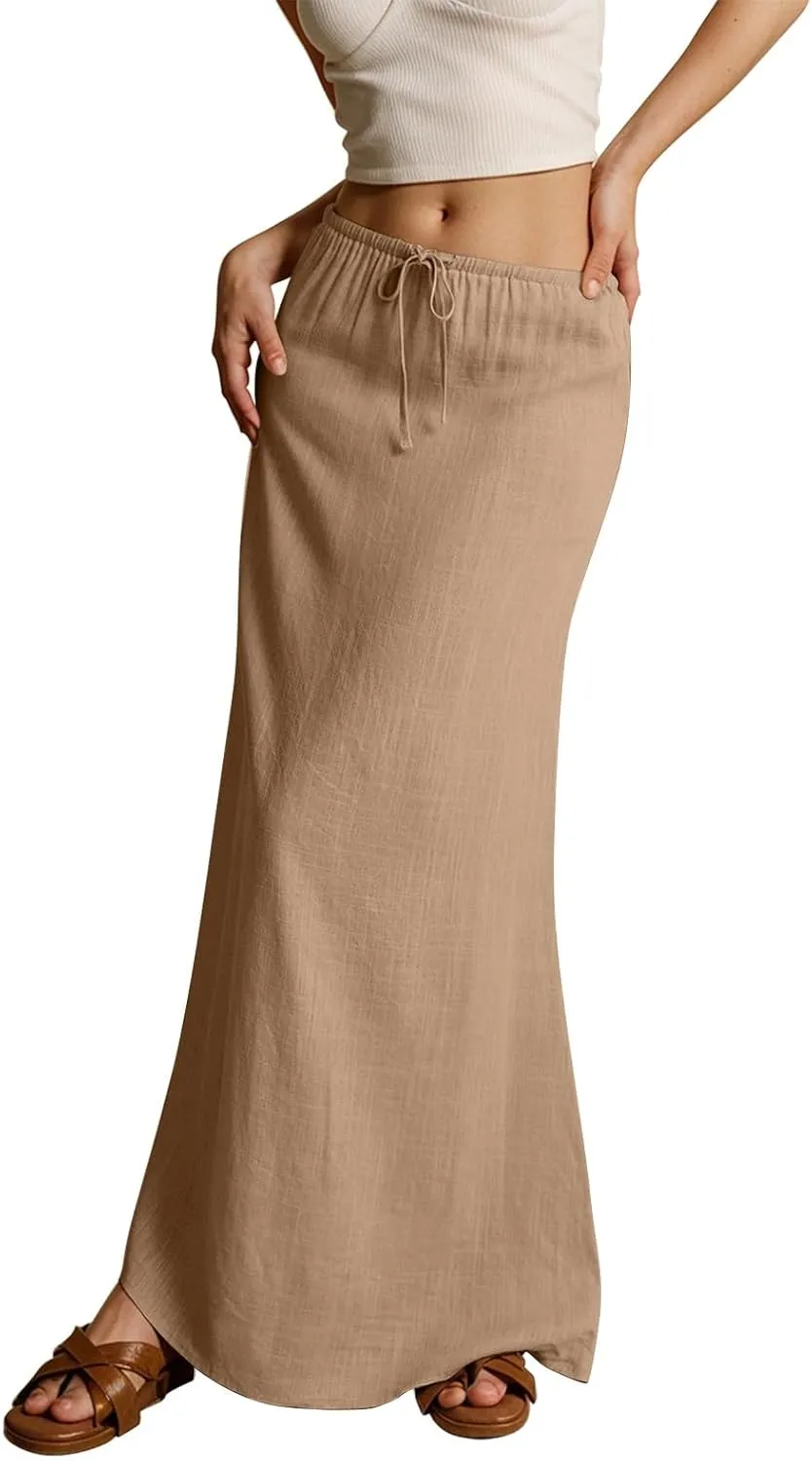 Summer Skirts for Women Comfy Drawstring Low Rise Womens Linen Maxi Skirt with Slit Plus Size Long Flowy Skirts