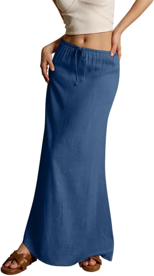 Summer Skirts for Women Comfy Drawstring Low Rise Womens Linen Maxi Skirt with Slit Plus Size Long Flowy Skirts