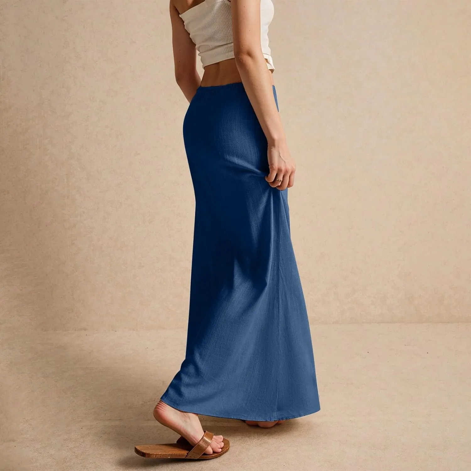 Summer Skirts for Women Comfy Drawstring Low Rise Womens Linen Maxi Skirt with Slit Plus Size Long Flowy Skirts