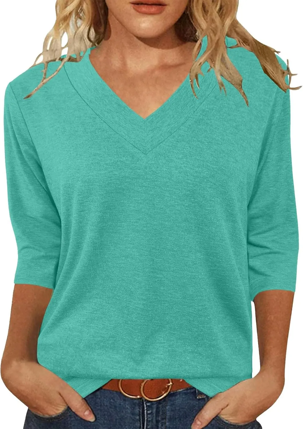 Summer Tops for Women 2025 Trendy 3/4 Sleeve V Neck Shirts Dressy Casual Plus Size Holiday Vacation Tunic Blouses