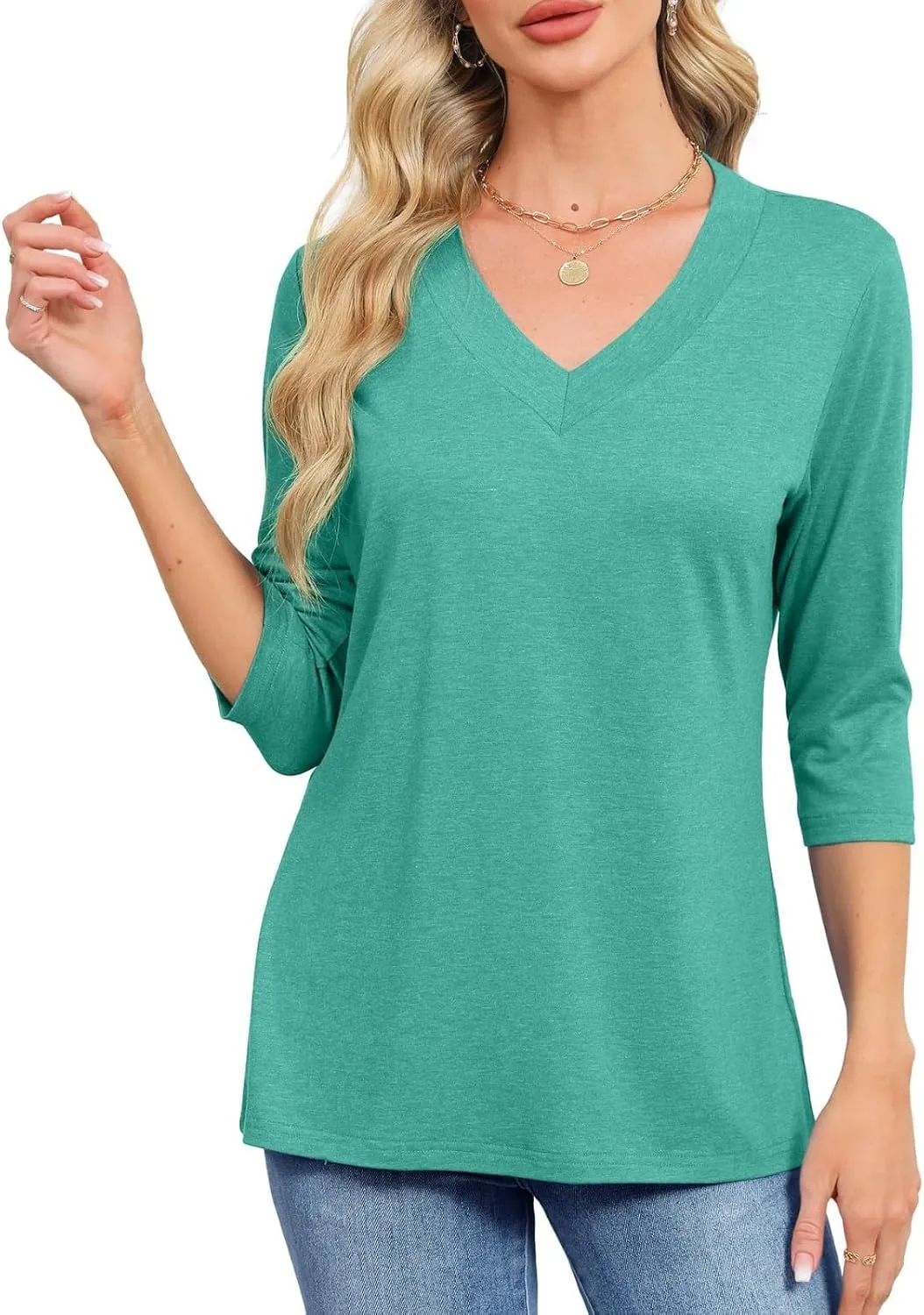 Summer Tops for Women 2025 Trendy 3/4 Sleeve V Neck Shirts Dressy Casual Plus Size Holiday Vacation Tunic Blouses