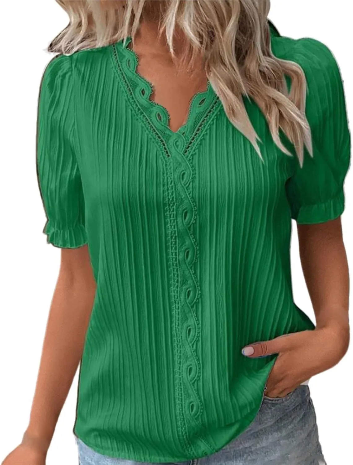 Summer Tops for Women Plus Size Trendy Lace V Neck T Shirts Puff Short Sleeve Tshirt Dressy Casual Plain Work Blouse