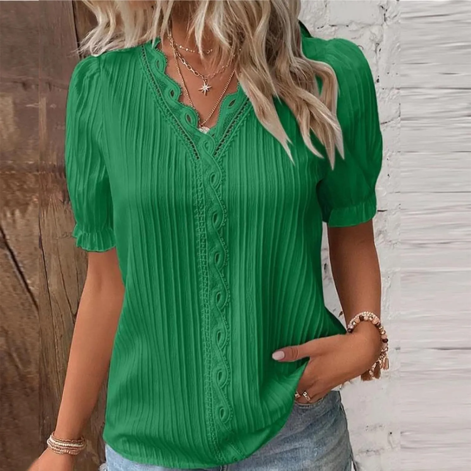 Summer Tops for Women Plus Size Trendy Lace V Neck T Shirts Puff Short Sleeve Tshirt Dressy Casual Plain Work Blouse