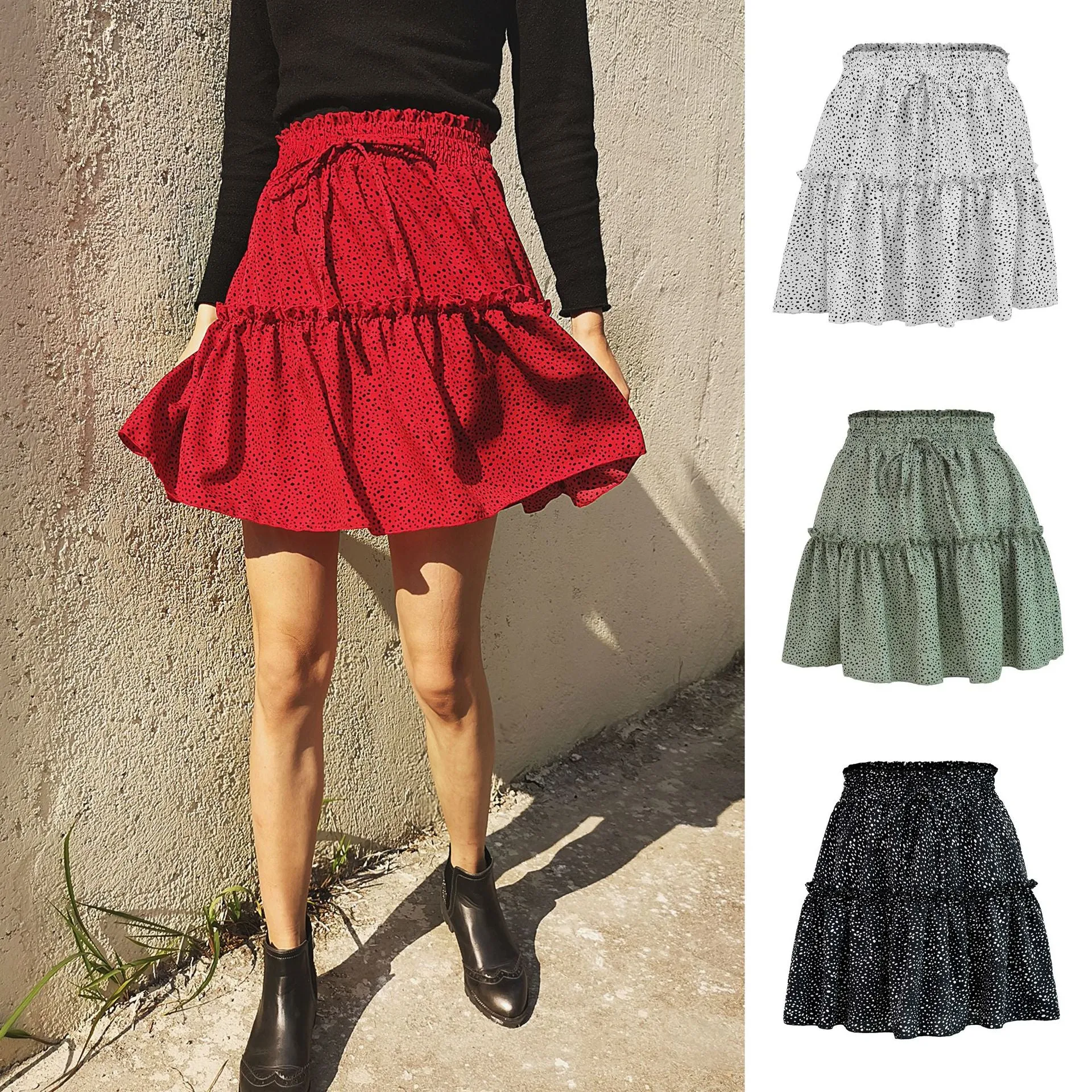 Summer Women High Waist Chiffon Flare Skirt Europe Printed Poker Dot Skirt