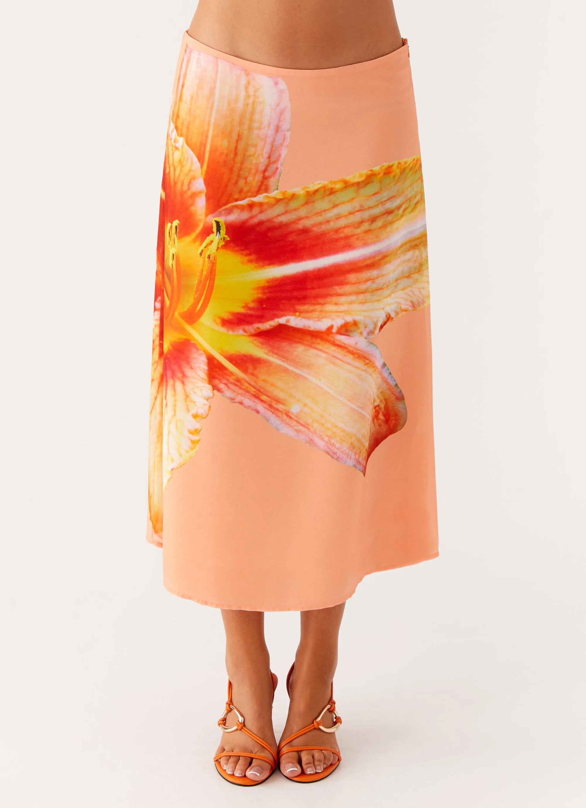 Performance Wear Outfit Flow Summertime Midi Skirt - Orange Floral