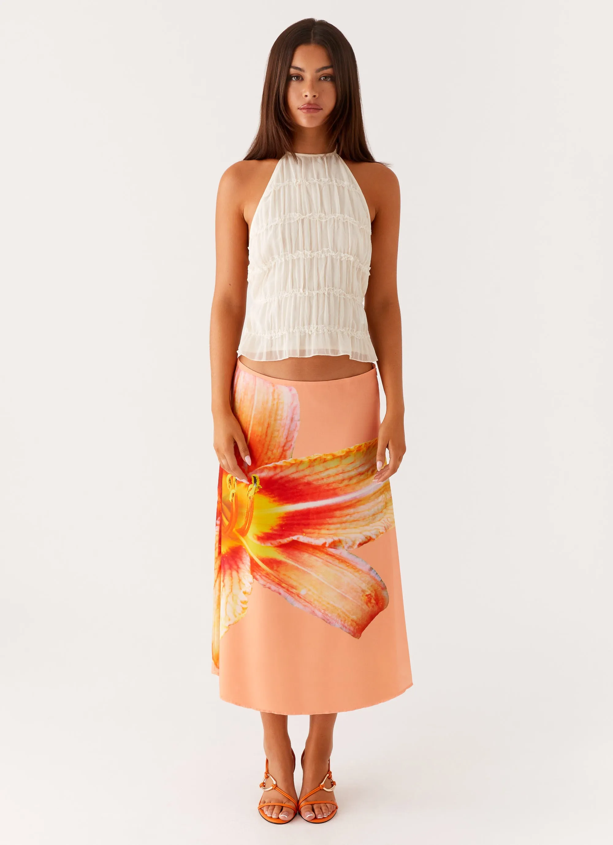 Runway Inspired Outfit Combo Summertime Midi Skirt - Orange Floral