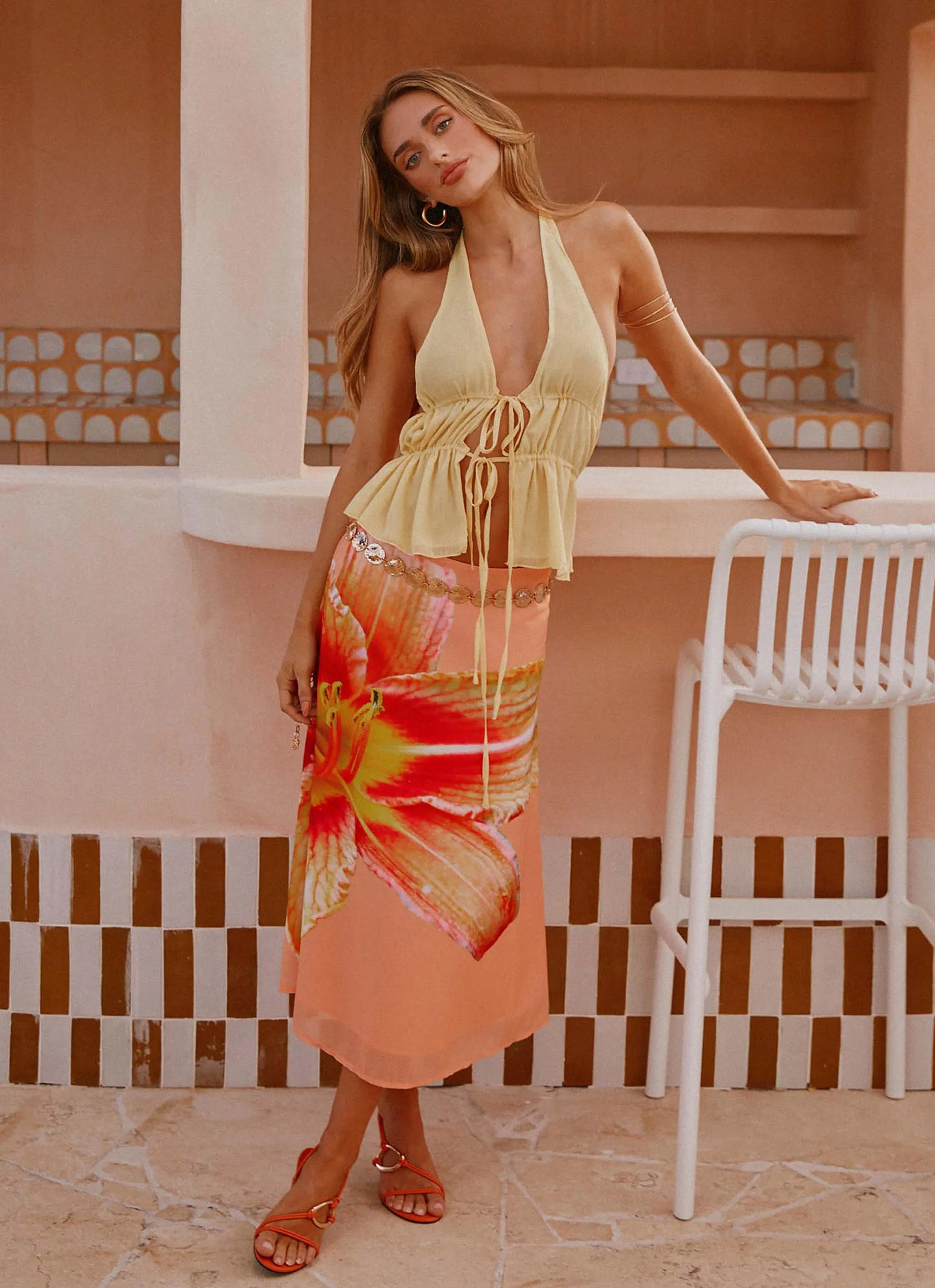 Summertime Midi Skirt - Orange Floral Secure Closure Washable fabric