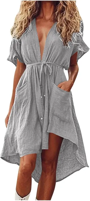 Sun Dress for Women Tie Waist Deep V Neck Loose Plus Size Dresses Solid Color Resort Wear for Grown Wedding Guest