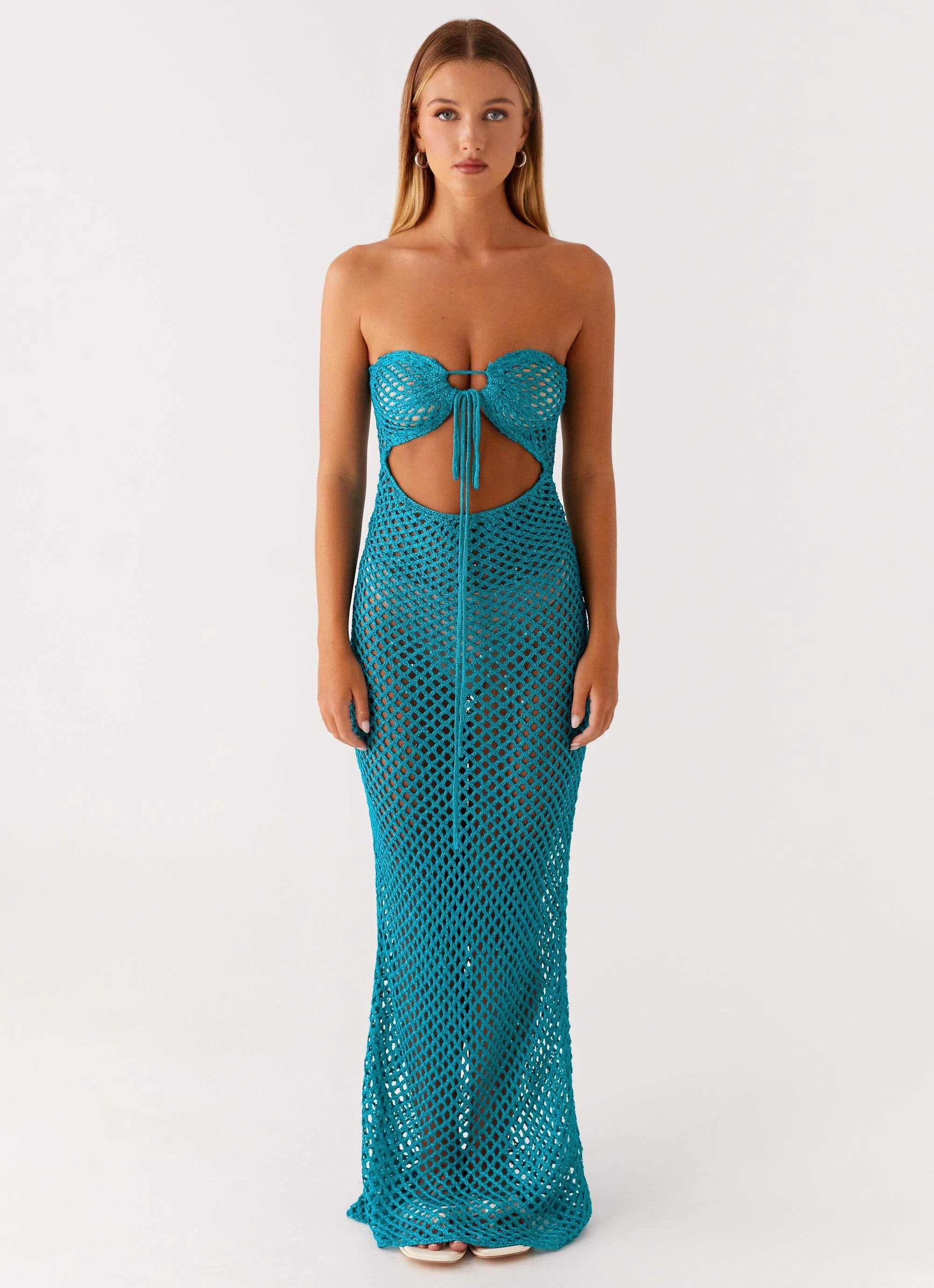 Sun Kissed Crochet Maxi Dress - Blue Balanced Shape Layered Volume