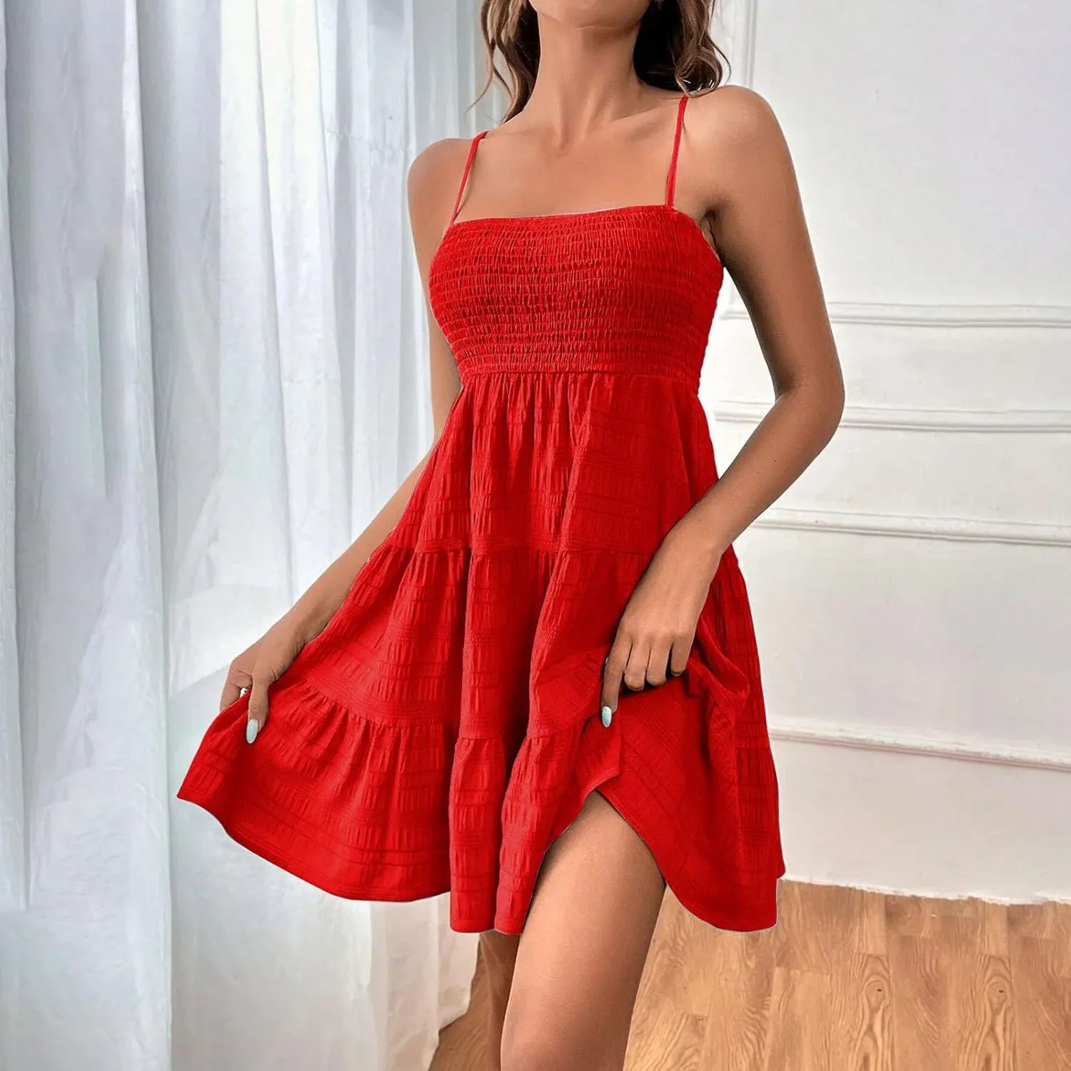 Sundress for Women 2024 Casual Plus Size Beach Vacation Dresses Smocked Flowy Boho Spaghetti Strap A-Line Mini Dress