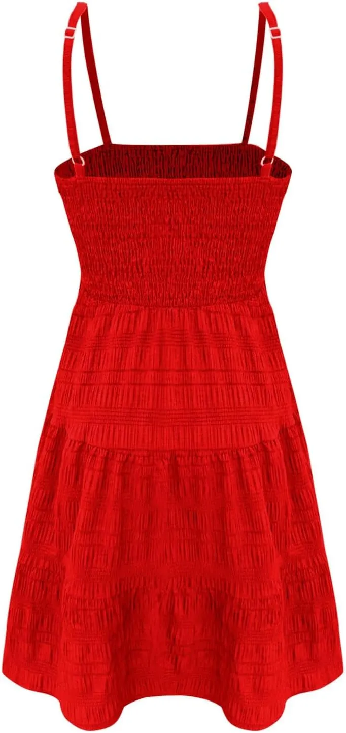 Sundress for Women 2024 Casual Plus Size Beach Vacation Dresses Smocked Flowy Boho Spaghetti Strap A-Line Mini Dress