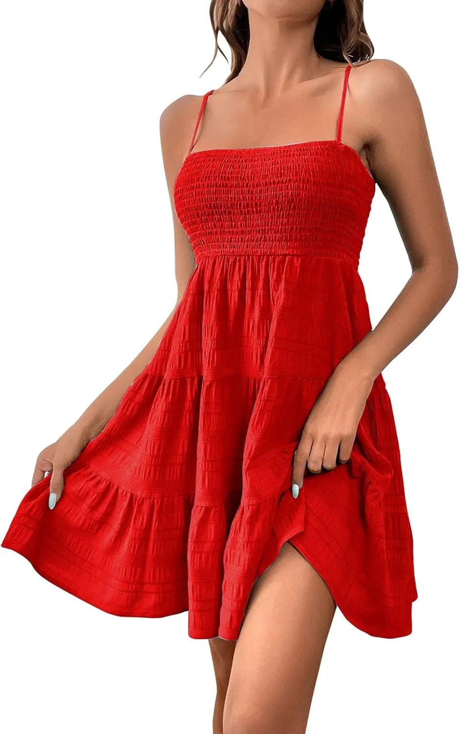 Sundress for Women 2024 Casual Plus Size Beach Vacation Dresses Smocked Flowy Boho Spaghetti Strap A-Line Mini Dress