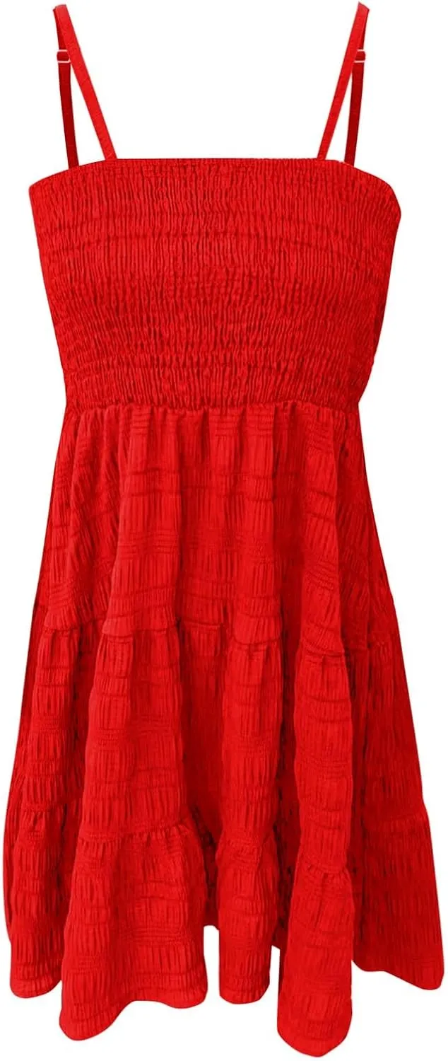Sundress for Women 2024 Casual Plus Size Beach Vacation Dresses Smocked Flowy Boho Spaghetti Strap A-Line Mini Dress