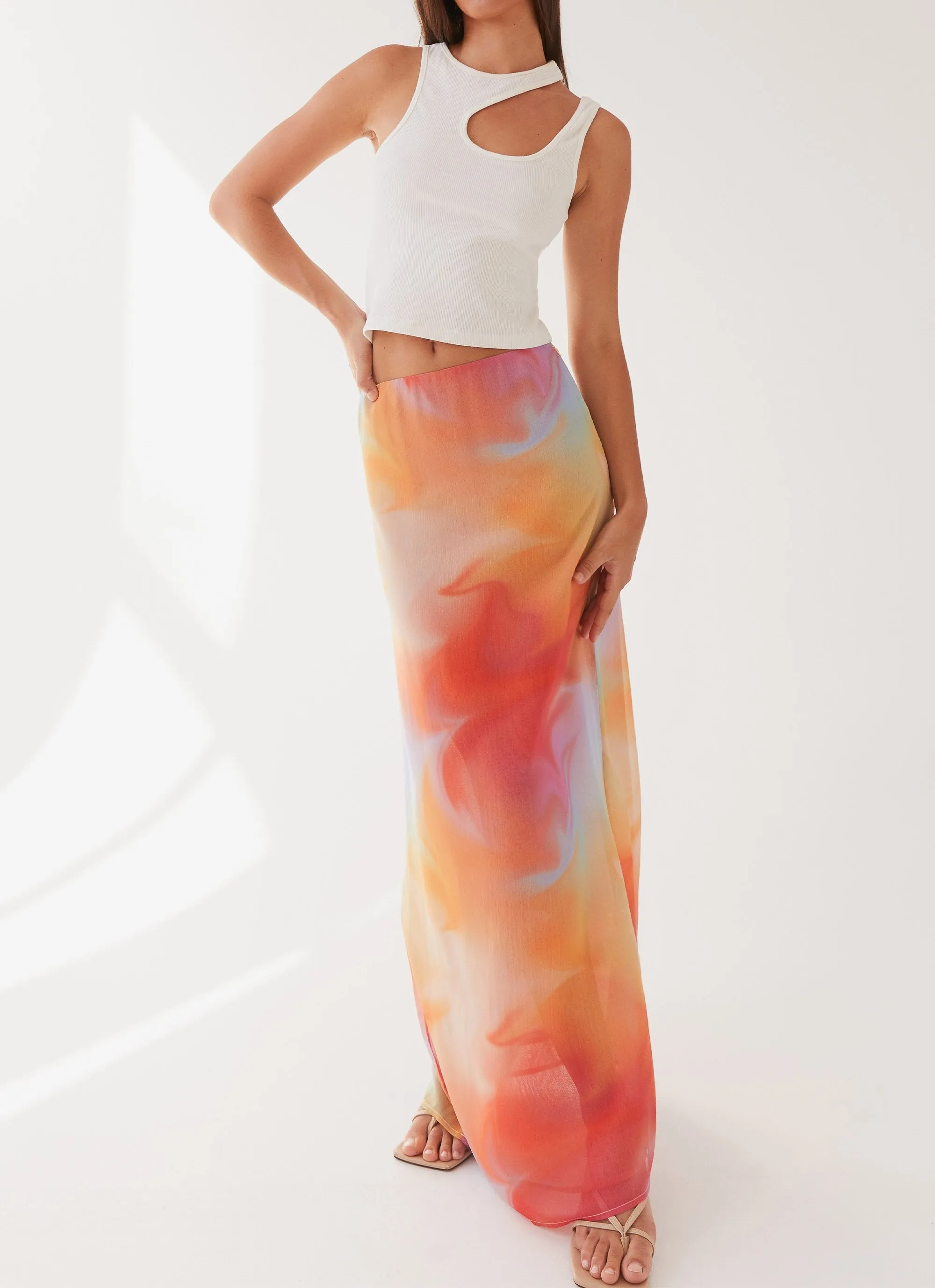 Sunlight Cascade Maxi Skirt - Rainbow Radiance Cultural Event Frayed Finish