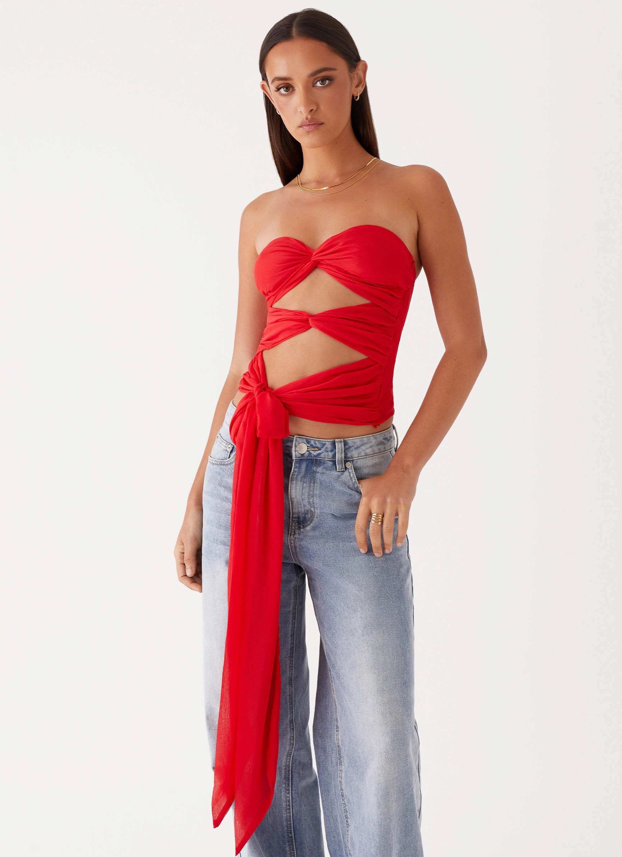 ConvertibleSleeves Oversized Silhouette Sunlight Cascade Top - Red