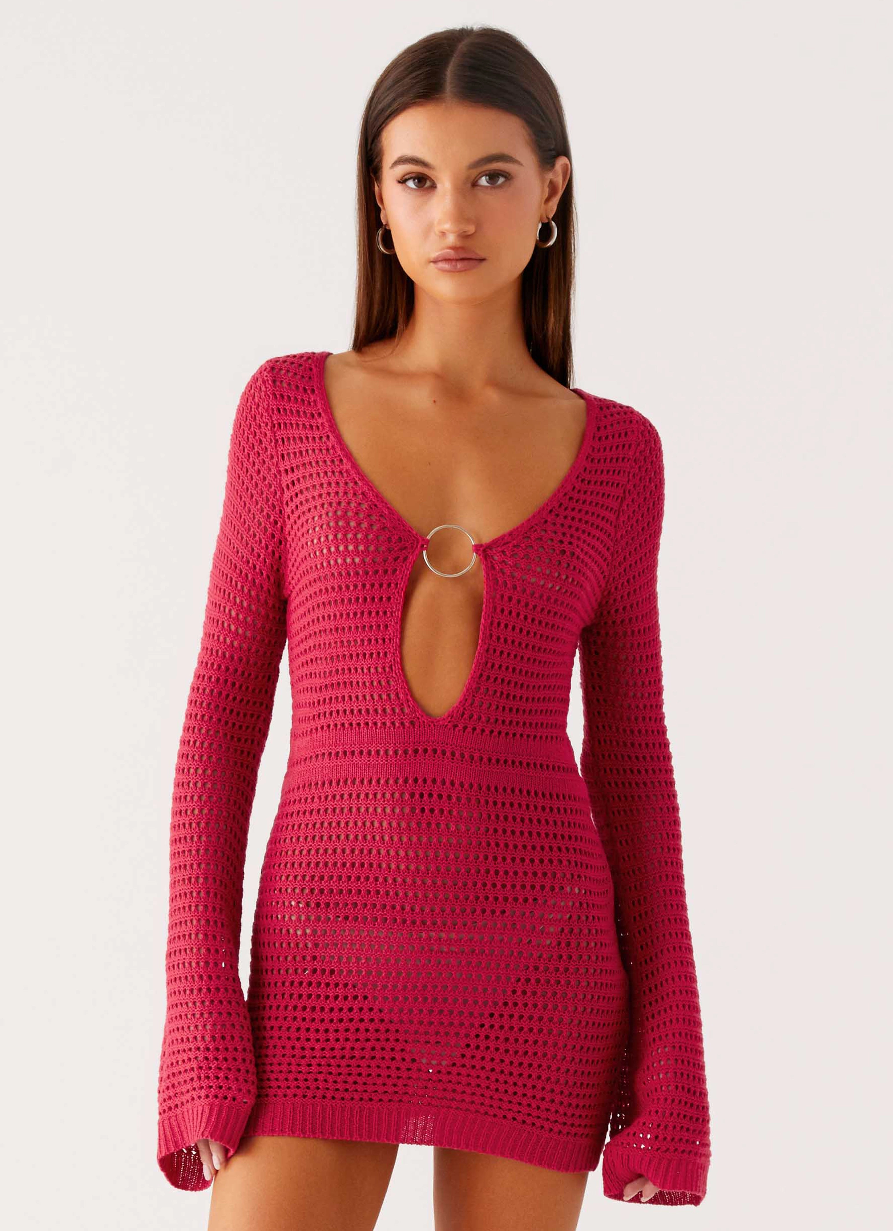Shiny Zip Sunriser Crochet Mini Dress - Pink
