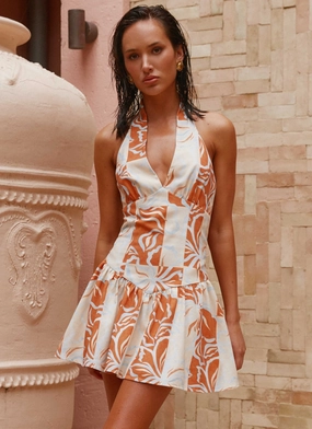 Sunset Ballad Linen Mini Dress - Orange Blue Floral Open Weave Sunset Ballad Linen Mini Dress - Orange Blue Floral Body Confidence Walkable Flow