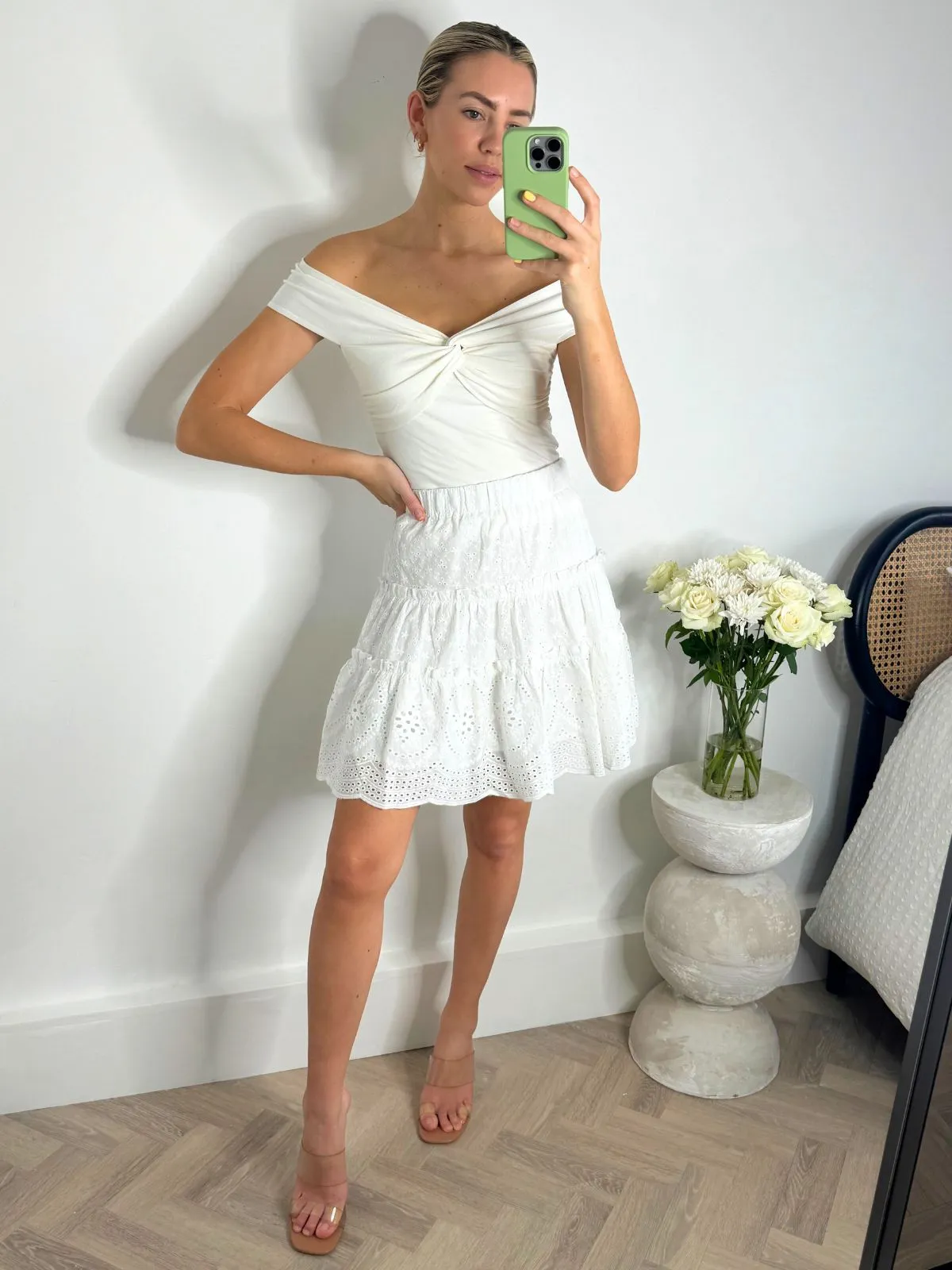 Cindy Broderie Mini Skirt in White Polished Cut Mix Separates