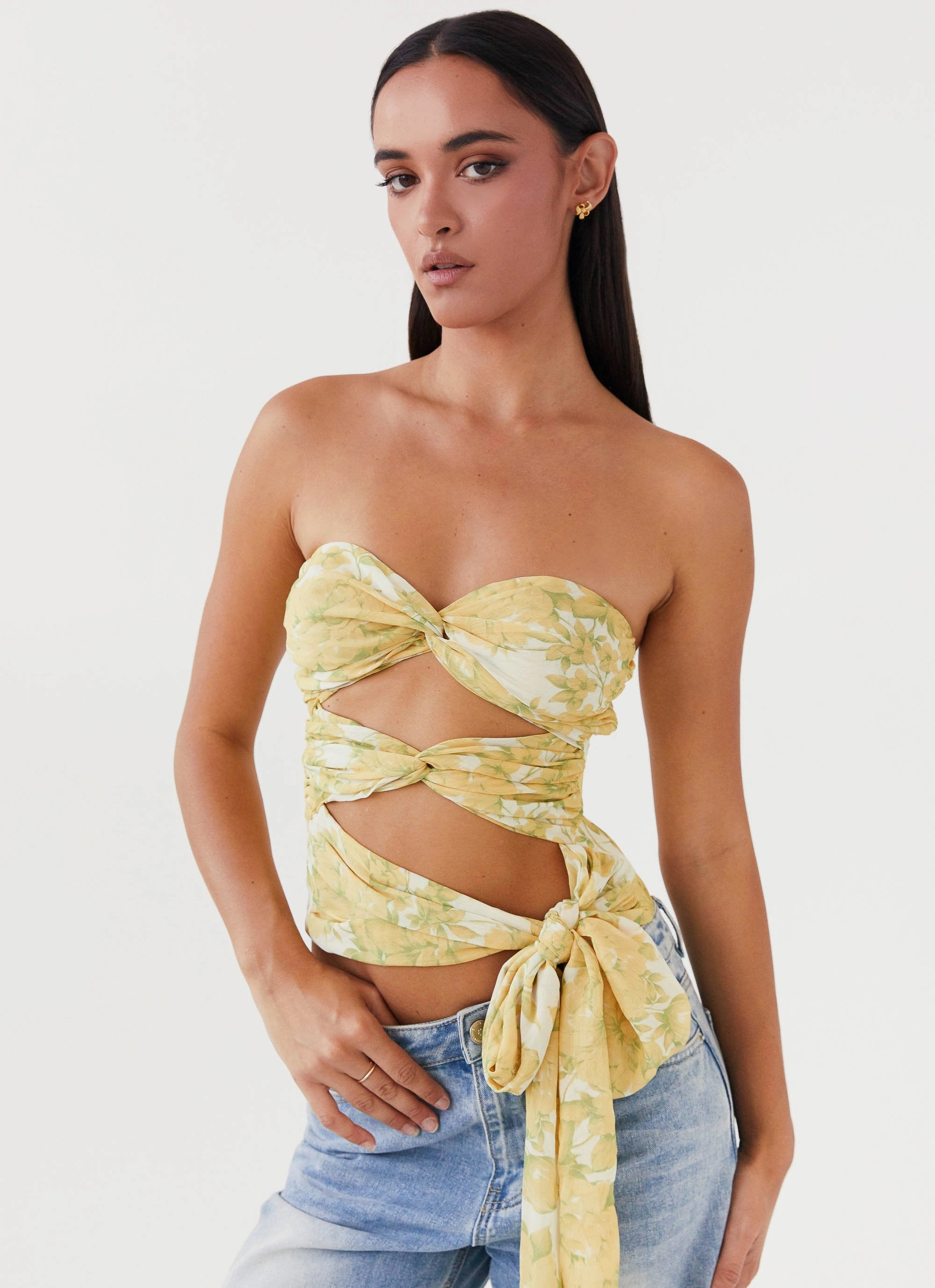Stretch Weave Construction RibbedNeckline Sunlight Cascade Top - Daffodil