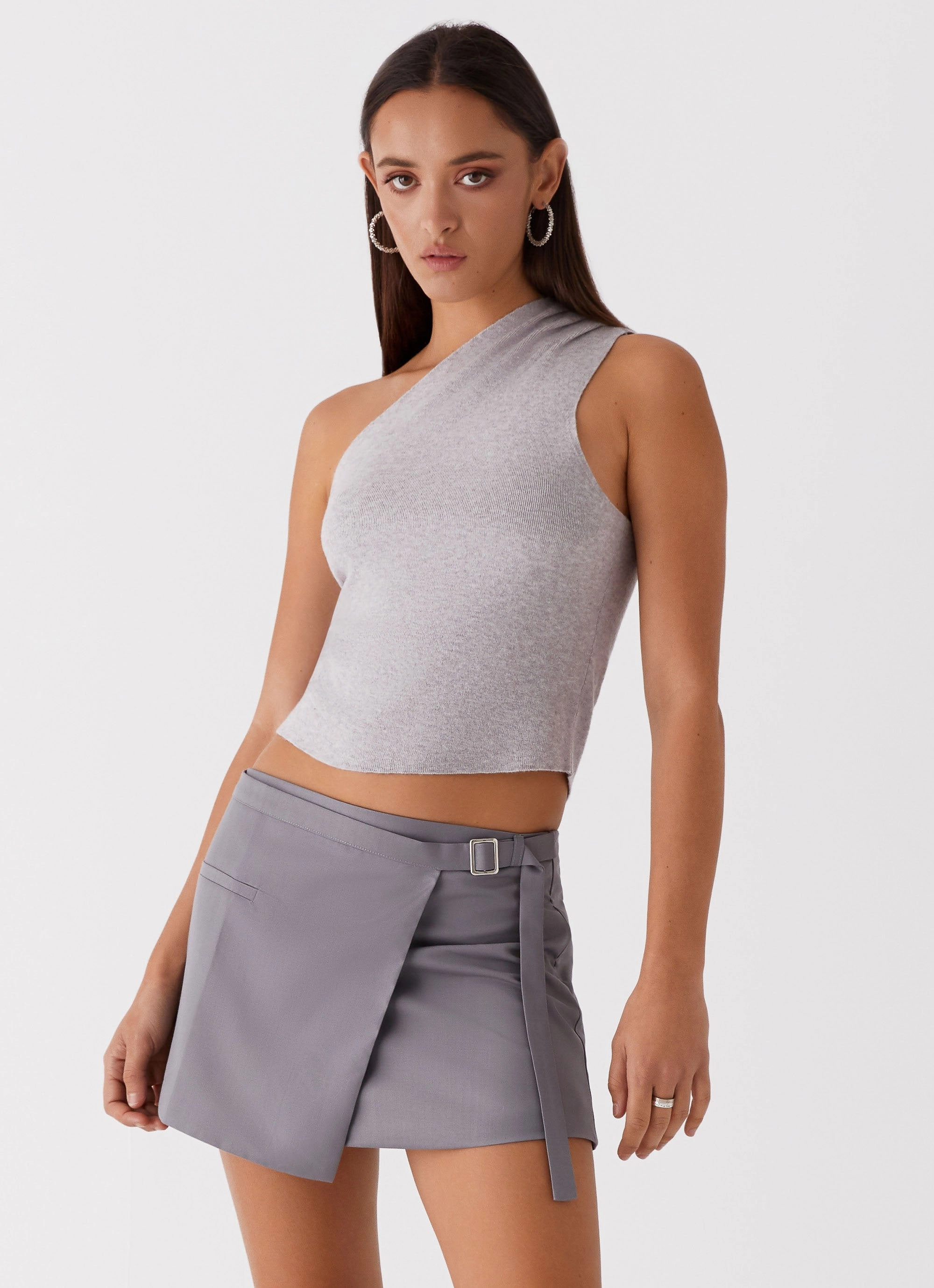 Soft Inner Lining Indy One Shoulder Knit Top - Grey