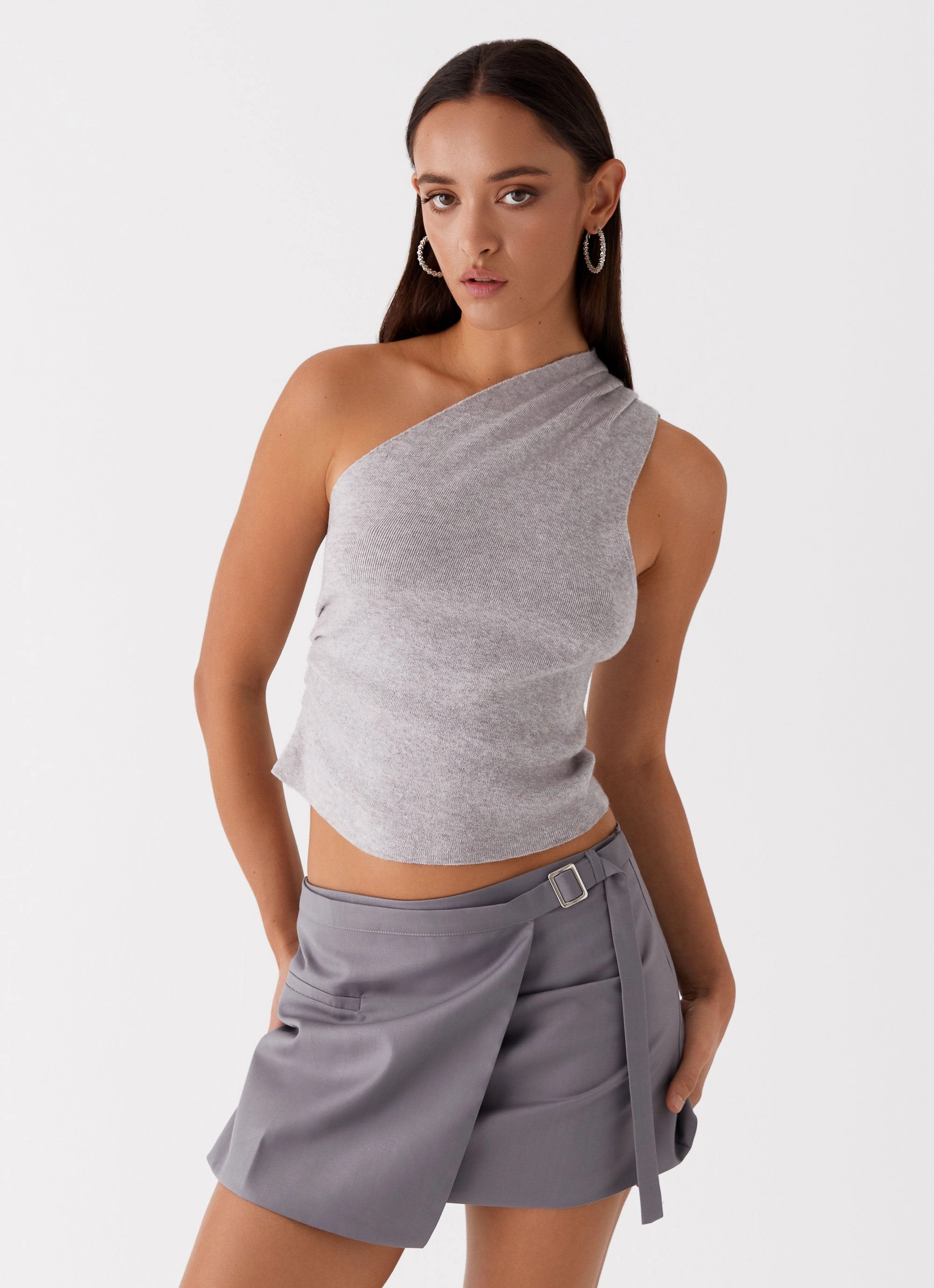 Quick Dry Blend Indy One Shoulder Knit Top - Grey