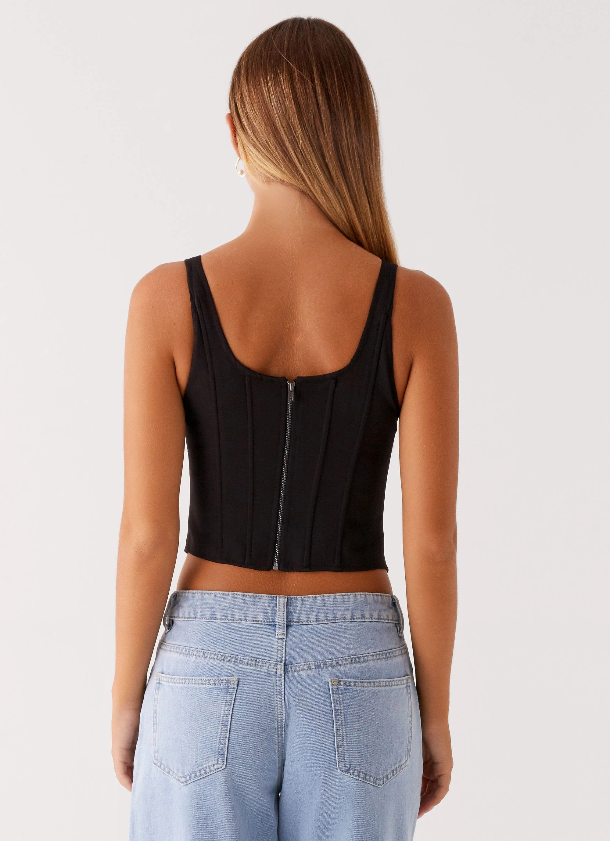 Narelle Corset Top - Black Flatlock stitching