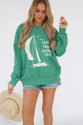 Two Tone Texture Effect Sail Away Sunday Sweatshirt - Botanical Green(final sale)